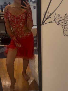 Latin Ballroom Red Embellished Mesh Bodice Dance Dress